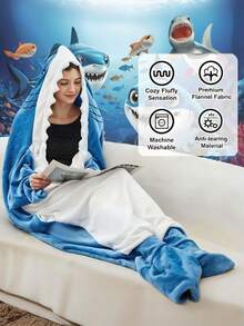Sleeping bag (Shark) 1件装鲨鱼睡袋毯，带尾巴，可穿戴法兰绒毯，厚实保暖家居毯，成人卡通鲨鱼睡袋套装，鲨鱼爱好者礼物，鲨鱼家居睡衣，多功能毯子浴室装饰 - 彩色 - 查看 7