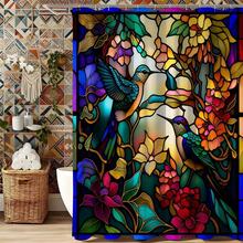 Colorful Artistic Print Waterproof Mildew-Resistant Weighted Bottom Shower Curtain, No Drilling Required, Painted Glass Style Hummingbird & Floral Pattern, Comfortable Bathroom Space - Red and Blue - View 10