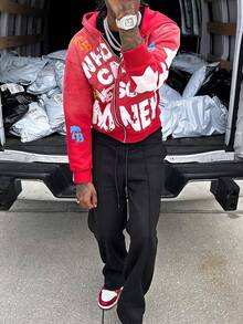 Y2K Graffiti Zip-Up Hoodie Oversized Black Full-Zip Sweatshirt With White Letter Print & Star Pattern, Unisex Streetwear Jacket For Men & Women, Hip-Hop Style Casual Coat With Asymmetrical Hem & Graffiti Lettering, All-Season Wear, Regular Fit, Long Sleeves, Front Zipper Closure, Hooded Design, Geometric Patterns, And Contrast Colors For A Bold Urban Look, Vintage All Look, Street Style, Streetwear Enthusiasts, Bold Graphic, Sleeve Hoodie, Urban Fashion, Ladies Sweatshirts Plus Size - Đỏ - Xem 4