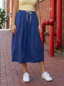 Falda midi cargo para mujer, estilo casual y moderno, color liso, cómoda, con cordón ajustable. - Azul - Ver 4