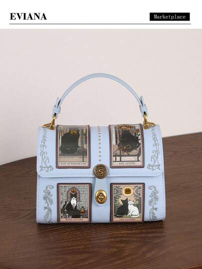 2026 New High-End Fashion Women's Handbag, Retro Y2K Luxury Tarot Card Boston Pillow Bag, Exquisite Craftsmanship Cute Cat Pattern Doctor Bag, Pink Purple Unique Shaped Large Capacity Round Bag, Street Style Niche Design Ladies Tote Shoulder Crossbody Bag