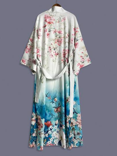 波西米亚风印花中长袖和服罩衫薄款外套，优雅休闲女式罩衫，适合海滩/旅行/度假，轻便羽织长袍，带腰带和口袋