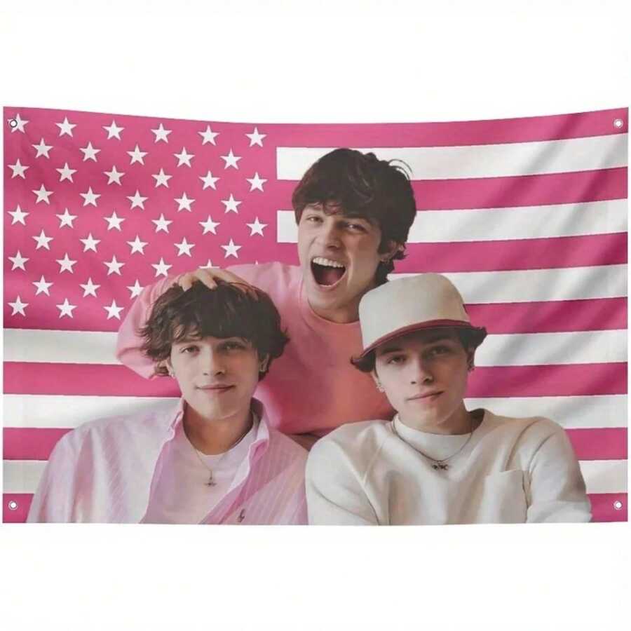 1pc Sturniolo Fun Pink American Flag Triplets Design Poster Durable Fabric Wall Decor With Hooks Perfect For College Dorms - White - View 1