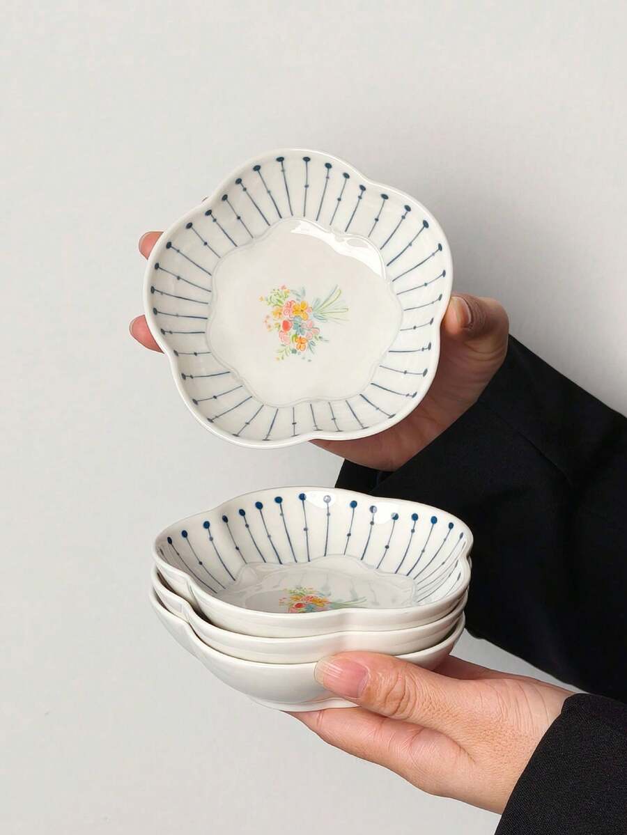 1/2/4件套花卉陶瓷餐盘，家用蘸酱碟，调味碟，欧式简约餐盘，甜点蛋糕托盘，小吃盘，蘸酱碟，茶杯碟，坚果糖果托盘，陶瓷餐具礼盒套装 - 彩色 - 查看 1