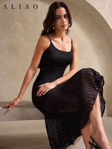 Đầm slip đen thanh lịch, thoải mái với eo chun ôm sát và gấu đầm hơi xuyên thấu, thích hợp cho mặc hàng ngày, đi chơi và hẹn hò, mùa xuân/hè. - màu đen - Xem 1