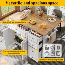 White Vintage Pattern Kitchen Island (110*45-75*92cm) - Removable Serving & Dining Trolley, Multifunctional Buffet Cabinet With Storage, All-In-One For Kitchen & Dining Room - White - View 5