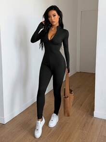 Casual Solid Color Zipper Skinny Jumpsuit Pants Black Spring Elegant - Black - View 6