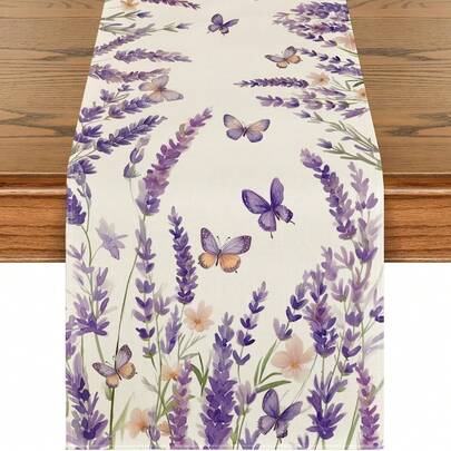 1pc Spring Lavender Table Runner, Fresh Floral & Butterfly Print, Linen-Feel Table Runner, Farmhouse Style Kitchen Dining Decor, Outdoor Party Decoration