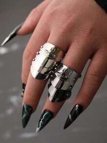 Anillos de pareja con forma de Saturno, de varias capas y ajustables, con diseño punk y hip hop - Anillo de unión de armadura de 3 secciones - Ver 6