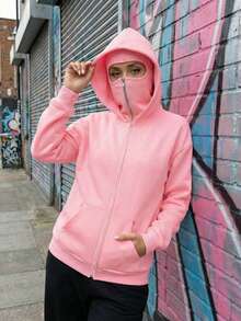Mũ trùm đầu dài ngoại cỡ, có thể che cả mặt và đầu, áo khoác nỉ có mũ hai khóa kéo dành cho nữ với túi, lót giữ nhiệt ấm áp, thích hợp cho mùa thu/đông/xuân, phù hợp cho kỳ nghỉ/trường học/nhà/hàng ngày/đường phố/chụp ảnh thường ngày. - Màu Hồng baby - Xem 4