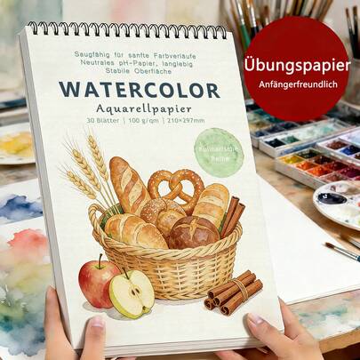 100gsm Watercolor Sketchbook - A4 Delicious Bread Basket Cover, 30 Pages Acid-Free Paper Suitable For Wet Media, Designed For Beginners And Artists, Long-Term Preservation, Spiral Bound, Great For Watercolor, Sketching And Creative Art, Ideal Practice Paper For Watercolor Painting