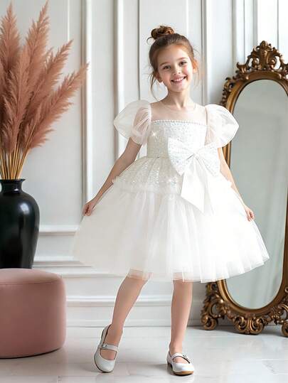 Young Girls' Round Neck Sequin Bow Tulle & Satin Patchwork Elegant Flower Girl Dress, Suitable For Birthday, Ball, Banquet Celebration, Does Not Include Headband