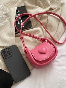 Mini Fashionable Crossbody Bag, Minimalist Heart Shaped Saddle Bag - Hot Pink - View 5