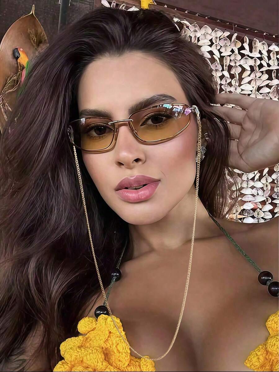 1pc 2025 New Oval Frameless Y2K Fashion Glasses, Retro Elegant Design For Women - Gold Frame Double Tea Piece + Chain - View 1