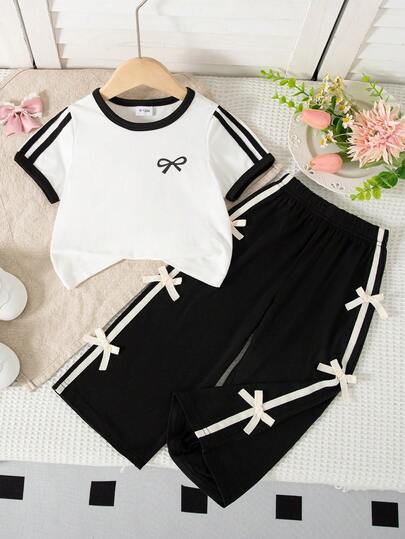 Summer Baby Girls Cute Casual Bow Print White Round Neck Short Sleeve Top & Black Leisure Long Pants Bowknot Set