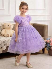 Elegantes Partykleid für Kleine Mädchen mit Lavendel-Spitze, Mesh-Stickerei, Prinzessinnenkleid geeignet als Geburtstagsgeschenk für Mädchen, für Bankette, Hochzeitszeremonien, wichtige Anlässe, Festivalfeiern, Bühnenauftritte - Violett - Übersicht 5