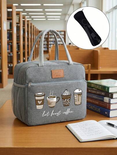 Zippered Insulated Bag, Printed With The "Four Cups Of Coffee" Pattern, Paired With Black Cutlery Storage Bag, Double Pocket Zippered Lunch Box Bag, Large Capacity Student Meal Insulated Refrigerated Bag, Portable Travel Picnic Bag, Office School Lunch Bag Insulated Lunch Box, Work Lunch Box, Office Holiday Lunch Box, And Multi-Functional Camping School Lunch Box For Men And Women