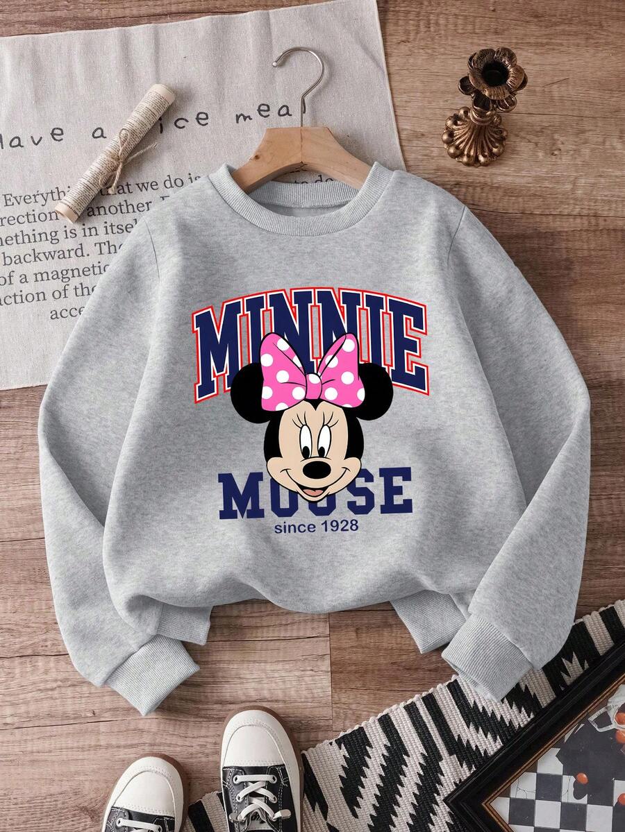 1pc Disney Minnie Mouse Classic Iconic Graphic Tween Girl Effortless Casual Style Sweatshirt, Skin-Friendly & Low-Maintenance For Errands & Casual Hangouts - Grey - View 1