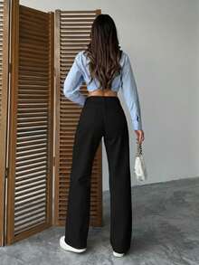 Women's Waist Buckle Design Pockets Loose Wide Leg Casual Denim Jeans - Black - View 3