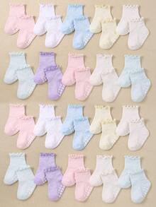 20/15/10/5/1 Paire de chaussettes mi-mollet à volants aléatoires pour bébés filles, tissu en maille cœur confortable, respirant, doux et élastique, chaussettes à semelle antidérapante en silicone cœur, convient pour les bébés filles de 0-36 mois, chaussettes de princesse, chaussettes de marche intérieure, style dopamine de couleur claire convient pour l'été, s'accorde avec diverses tenues, convient pour le port quotidien, les cadeaux et les fêtes d'anniversaire - Multicolore - Voir 6