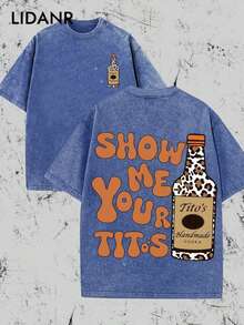 LIDANR 1PC Vintage Vintage Style, Tito's Vodka Enthusiast, Leopard Print Elements, SHOW ME YOU TITOS Humorous Text Memes, Washed Double-Sided Printed Vintage T-Shirt..…. Retro Loose T-Shirt, Men's Casual Style T-Shirt, Machine Washable And Washable Old T-Shirt; Cool Design Pattern T-Shirt, Durable And Comfortable Fabric, Street Fashion Sense, A Must-Have For Street Style Enthusiasts, Top-Level Sportswear, Suitable For Daily Commuting, Dating, Leisure Matching, Suitable For Holiday Gift Giving, The First Choice For Gift Giving. Men's Clothes Shirts - 寶藍色 - 查看 1