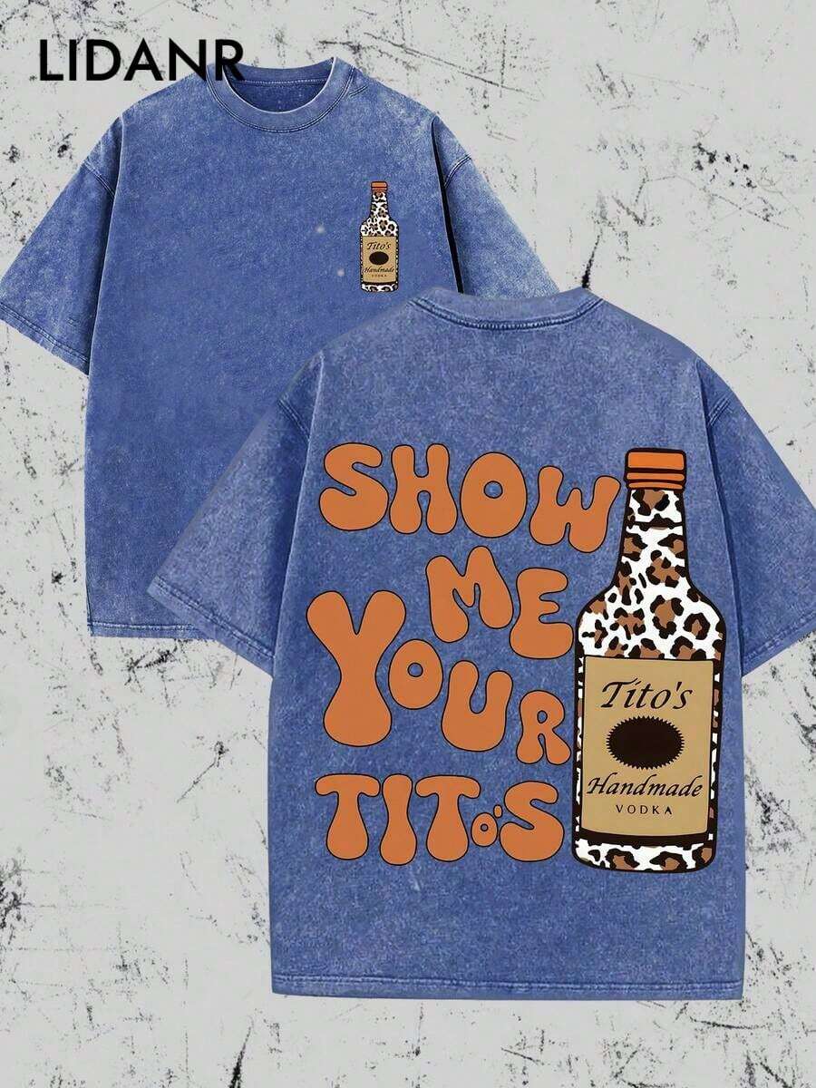 LIDANR 1PC Vintage Vintage Style, Tito's Vodka Enthusiast, Leopard Print Elements, SHOW ME YOU TITOS Humorous Text Memes, Washed Double-Sided Printed Vintage T-Shirt..…. Retro Loose T-Shirt, Men's Casual Style T-Shirt, Machine Washable And Washable Old T-Shirt; Cool Design Pattern T-Shirt, Durable And Comfortable Fabric, Street Fashion Sense, A Must-Have For Street Style Enthusiasts, Top-Level Sportswear, Suitable For Daily Commuting, Dating, Leisure Matching, Suitable For Holiday Gift Giving, The First Choice For Gift Giving. Men's Clothes Shirts - 寶藍色 - 查看 1