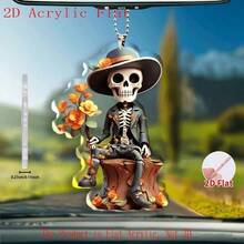 1 2D Flat Skull Acrylic Hanging Ornament With Floral Decoration, Car Hanging Decoration, Holiday Tree Decoration Pendant, Home Decoration Supplies - 1pc - View 3