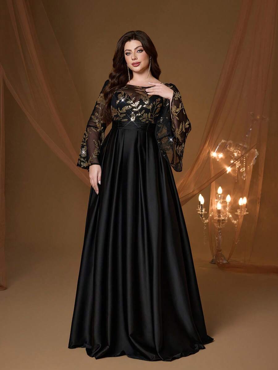 梦幻般的新款圆领雪纺薄纱亮片连衣裙，优雅迷人，适合舞会、婚礼、派对、婚礼宾客等场合。 - 黑色 - 查看 1