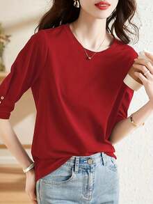 纽扣设计休闲中袖上衣，新款夏季时尚百搭圆领半袖T恤，女士修身款 - 紅色 - 查看 3