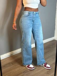 Women's Non-Stretch Mid-Rise Loose Straight Denim Jeans For Women - Cuffed Ankle Casual Oversized | Structured Fabric - Rửa trung bình - Xem 5