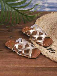 1 par de chanclas planas de playa de diseño de unicolor y calado de moda para niños, de verano - Champán - Ver 2