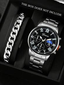 2pcs/Set Minimalist Business Men's Quartz Watch Set, Men's Rugged Style Silver Accessory Set (Including Silver Metal Strap, Black Dial, Roman Numeral Moon Phase Chronograph Quartz Watch And Silver Cuban Link Bracelet) - Silver - View 1
