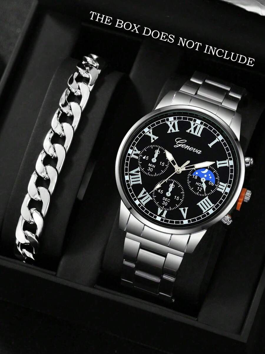 2pcs/Set Minimalist Business Men's Quartz Watch Set, Men's Rugged Style Silver Accessory Set (Including Silver Metal Strap, Black Dial, Roman Numeral Moon Phase Chronograph Quartz Watch And Silver Cuban Link Bracelet) - Silver - View 1