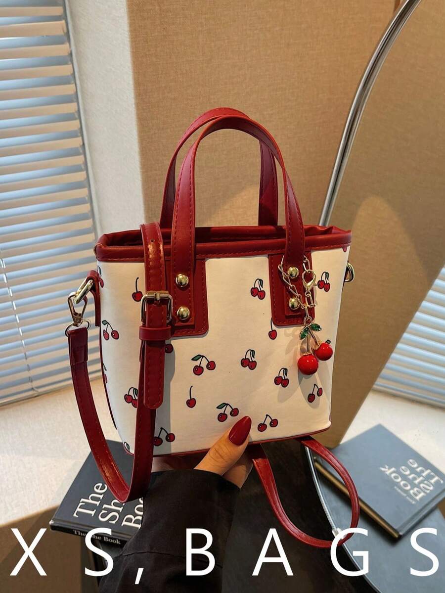 新款樱桃手提包，时尚女士单肩包，大容量可爱通勤手提水桶包，百搭 - 紅色 - 查看 1