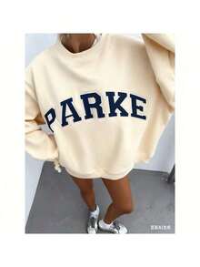 1PCSWomen's Casual "PARKE" Letter Print Loose Pullover Sweatshirt, Encountering Lazy Fashion.-Premium Cotton Graphic Printed Round Neck T-Shirts-365TValentine Gift - Apricot - View 5