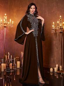 Đầm dạ hội maxi ren satin cao cấp cổ đứng tay bồng UNITHORSE dành cho nữ, xẻ tà cao, mùa xuân. - Cà phê nâu - Xem 6