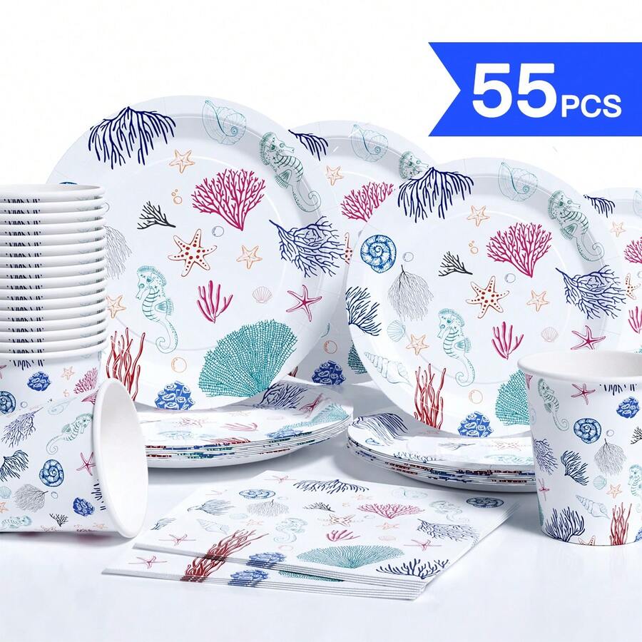 海洋主题一次性餐盘、餐巾纸和杯子套装，可供10位客人使用，适合生日、婚礼、派对、家庭野餐等场合。 - 彩色 - 查看 1