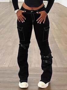 Women's Plus Size Gothic Punk Style High Waisted Elastic Black Distressed Micro Flared Jeans With Adjustable Buckle Design For Street Fashion And Casual Outdoor Women's Plus Size Jeans - 黑色 - 查看 7