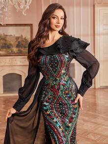 Women's Sequin Patchwork Asymmetric Neck Long Sleeve Bodycon Maxi Dress - Black - View 6