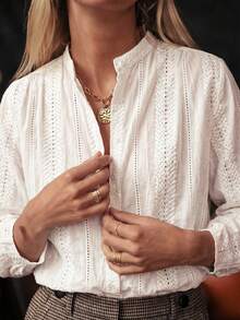 白色纽扣衬衫，适合女性办公室、休闲外出、教师穿着、秋季返校季，优雅女装 - 白色 - 查看 1