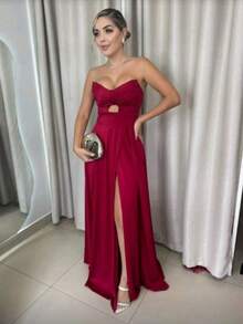Women's Long Butterfly Dress, Strapless, Trilobal Fabric With Built-In Bra Cups | Party, Bridesmaid, Wedding, Graduation, Debutante | Adjustable Back, Sexy, Elegant, Party, Cutout/Cut, Asymmetrical Knot, Formal And Evening - 紅木色 - 查看 1