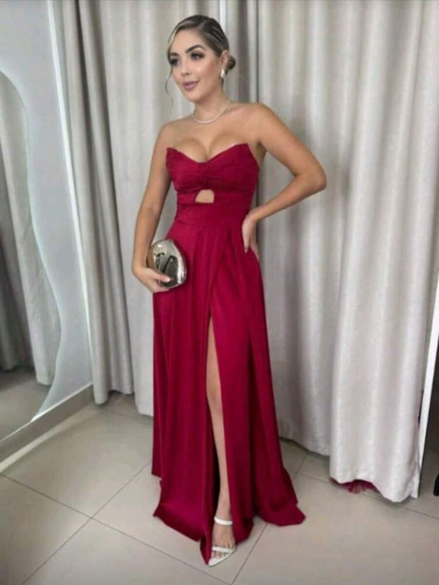 Women's Long Butterfly Dress, Strapless, Trilobal Fabric With Built-In Bra Cups | Party, Bridesmaid, Wedding, Graduation, Debutante | Adjustable Back, Sexy, Elegant, Party, Cutout/Cut, Asymmetrical Knot, Formal And Evening - 紅木色 - 查看 1