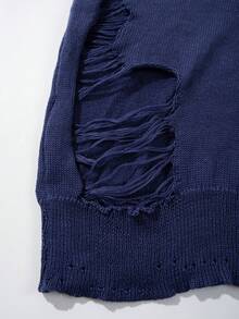 Top tricoté à col rond, manches courtes, style décontracté, ample, déchiré et délavé, style minimaliste streetwear, printemps/été, unisexe - Bleu azur - Voir 7