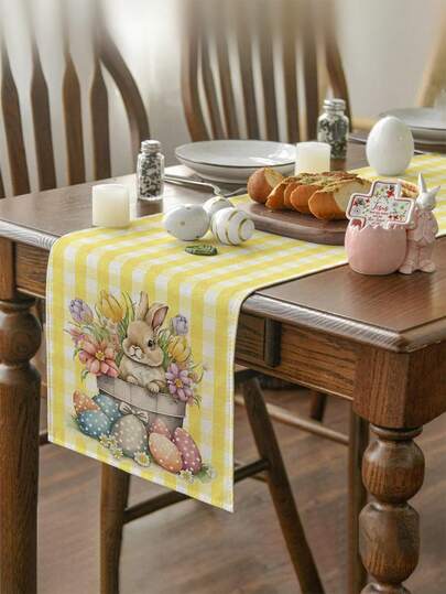 1pc Easter Bunny Pattern Table Runner, Easter Style Table Decor, Linen Material, Available In Multiple Sizes, Suitable For Home Dining, Kitchen Decoration, Home Decor, Outdoor Party And Restaurant Decoration, Textured Linen Appearance