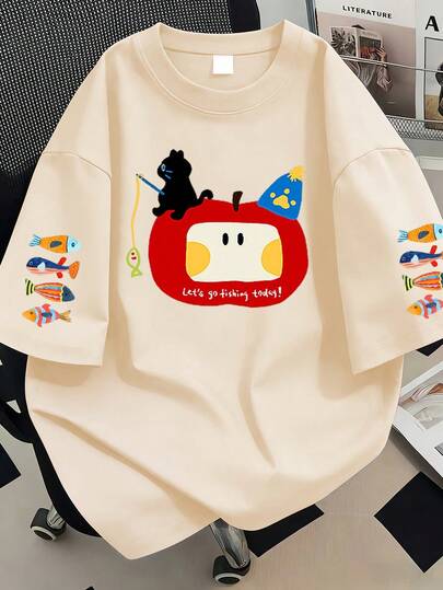 大码女式休闲宽松猫咪钓鱼印花圆领短袖T恤，适合夏季度假、海滩、节日、春季、情人节、狂欢节、母亲节礼物