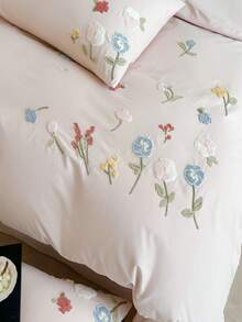 一套三件白色花卉植物刺绣床上用品，包括1个被套和2个枕套，超柔软透气时尚被套 - 淺粉色 - 查看 5