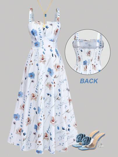 Women's Elegant Long Ditsy Floral Spaghetti Strap Dress, Vacation Style Outfit For Valentine's Day Date, Afternoon Tea, Casual Elegant Floral Dress, Beautiful Dress