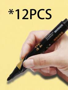 1pc/5pcs/12pcs Black Permanent Marker Pen, Oil-Based, Waterproof, For Fabric, Wood Marking - Black - View 12