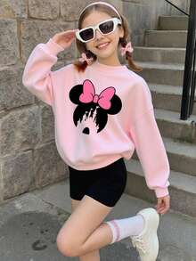 1pc Disney Minnie Mouse Playful Minimalist Graphic Print Tween Girl Casual Comfy Sweatshirt, Skin-Friendly & Easy To Wear, Ideal For School Days & Hangouts - Pink - View 2
