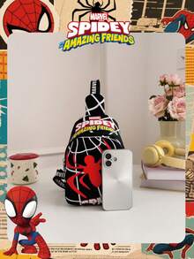 Marvel 1个漫威官方授权蜘蛛侠图案单肩包，男童休闲斜挎包，轻便可调节肩带胸包，卡通零钱包，适合男孩、年轻粉丝、学生，完美适用于日常上学、户外玩耍、主题公园游玩、假期旅行，方便携带零食。 - 黑色 - 查看 5